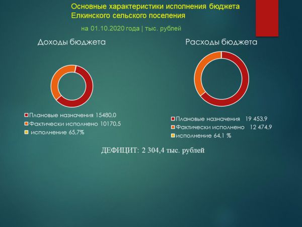 Основные характеристики исполнения бюджета Елкинского сельского поселения на 01.10.2020